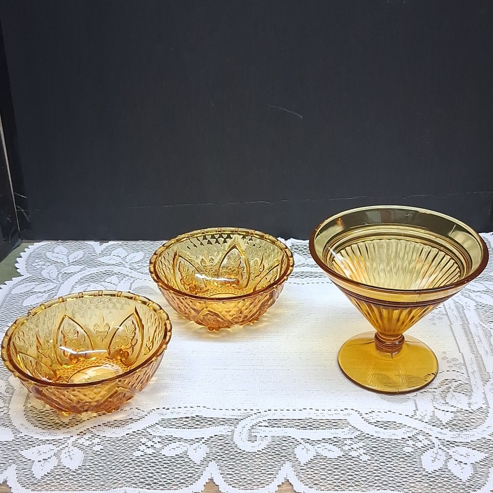 Vintage Amber Glass 2 KIG bowls And Footed Compote‎ Bowl.